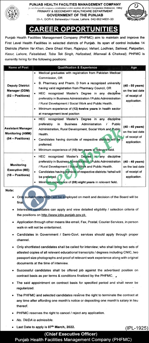Punjab Health Facilities Management Company PHFMC Jobs 2022