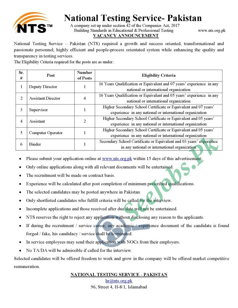National Testing Services NTS Jobs