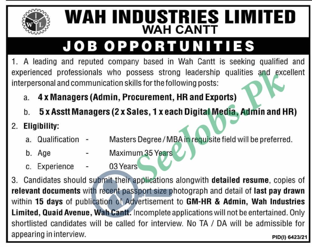 Wah Industries Limited Jobs 2022