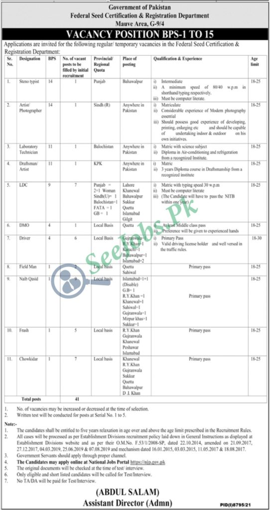 Federal Seed Certification & Registration Department Jobs 2022
