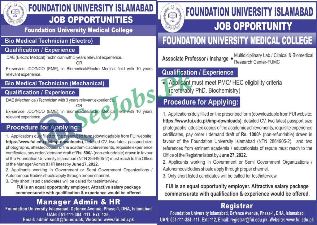 Foundation University Islamabad FUI Jobs 2022