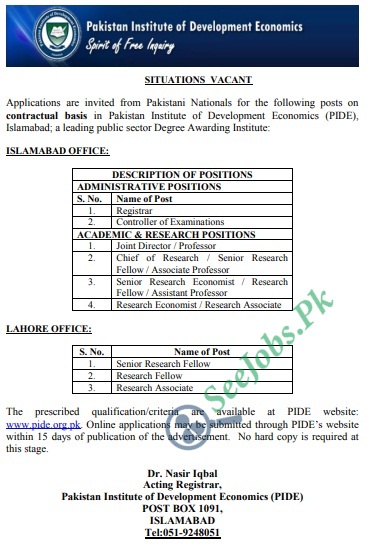 PIDE Pakistan Institute of Development Economics Jobs 2022