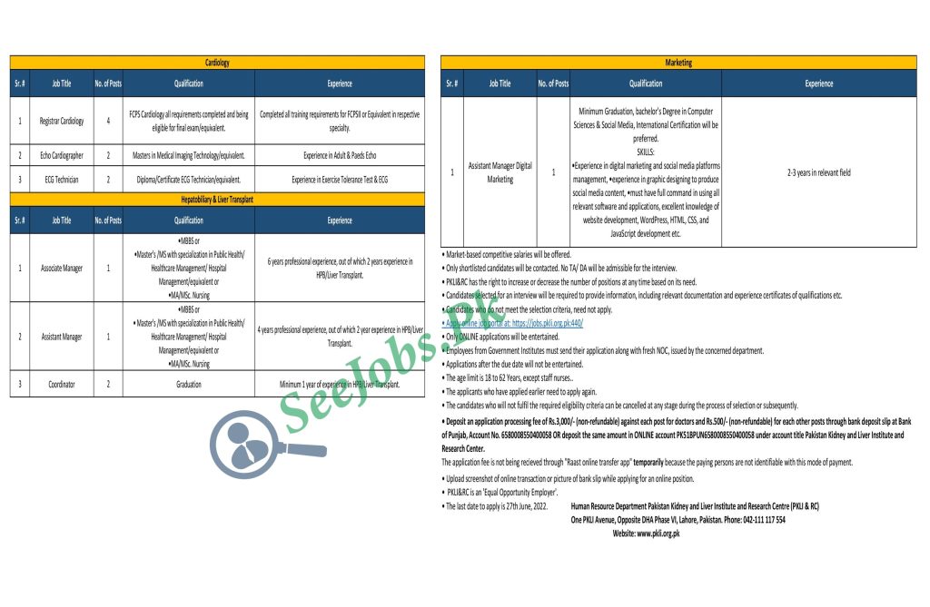 Pakistan Kidney And Liver Institute PKLI Jobs 2022