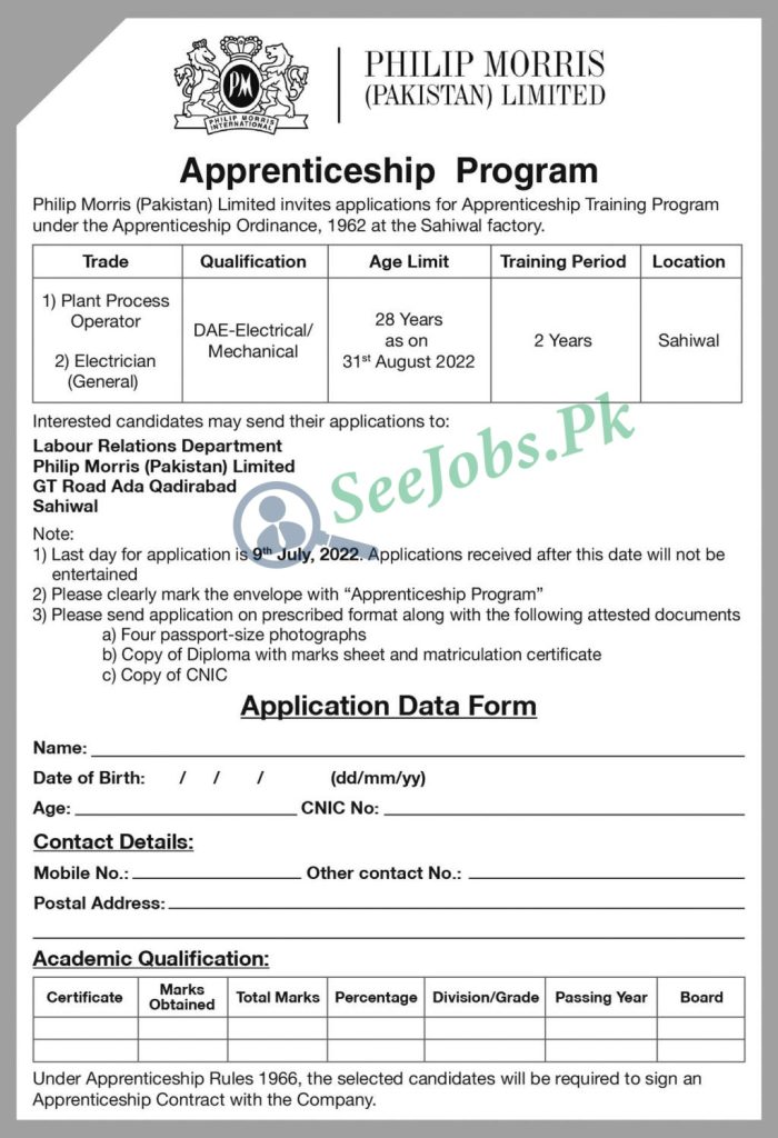 Philip Morris Pakistan Apprenticeship Program 2022