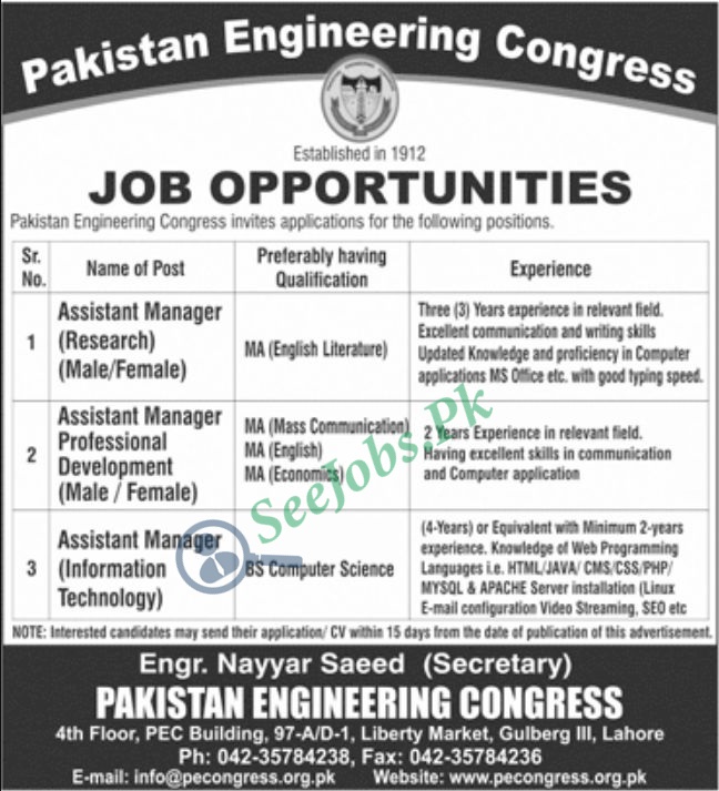 Pakistan Engineering Congress Jobs 2022