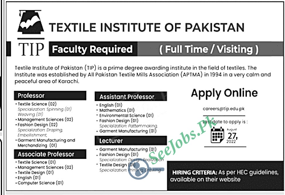 Textile Institute of Pakistan TIP Jobs 2022
