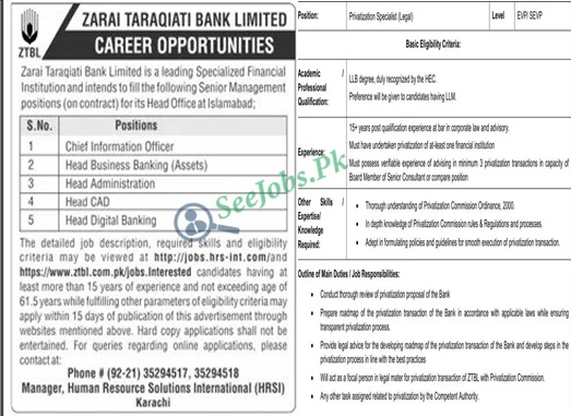 Zarai Taraqiati Bank Limited ZTBL Jobs 2022