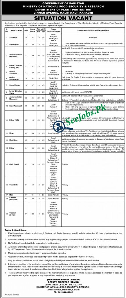 Department of Plant Protection MNFSR Jobs 2022