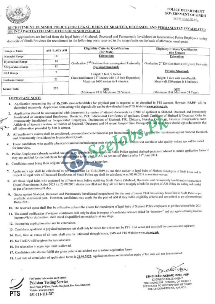 Police ASI Sindh Jobs 2022 PTS