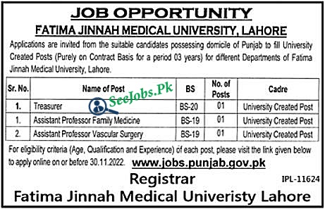 Fatima Jinnah Medical University LHR new Jobs 2022