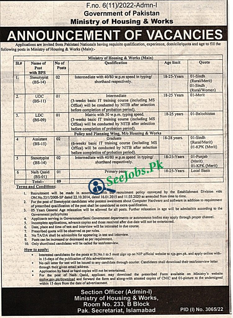 Ministry of Housing and Works mohw Jobs 2022