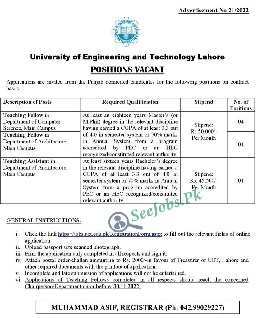 University of Engineering and Technology UET Jobs 2022 Vacancies