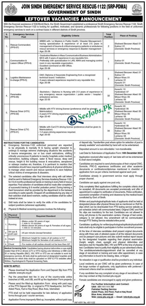 Rescue 1122 Sindh Emergency Service new Jobs 2022 PTS