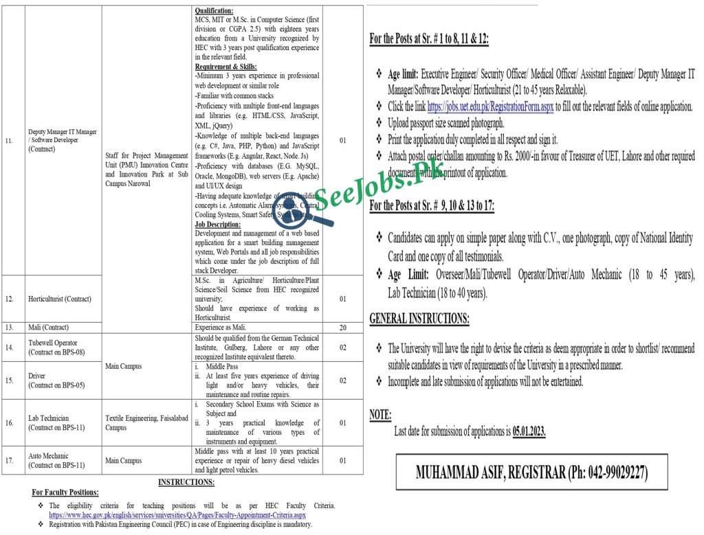 UET University of Engineering and Technology Lahore Jobs 2023 Vacancies