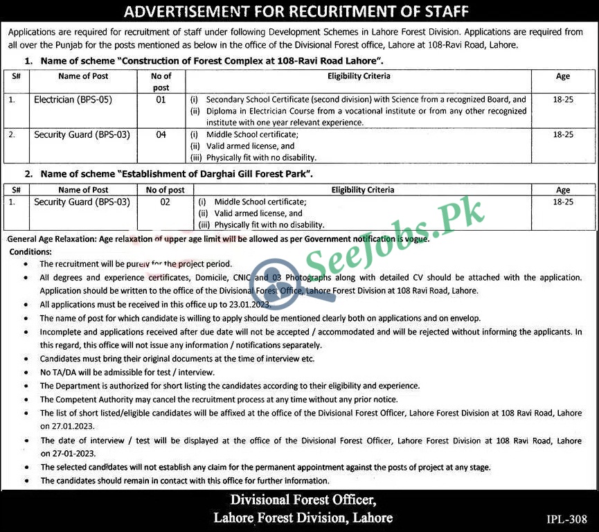 Forest Division Lahore DFO Jobs 2023